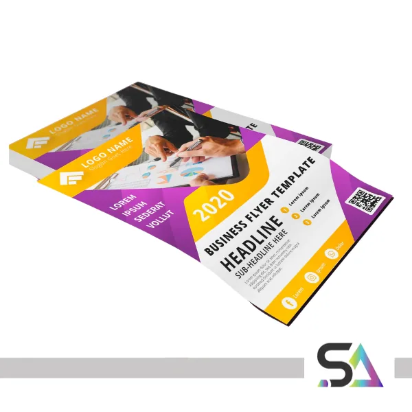 Flyers institucionais empilhados, impressos em cores